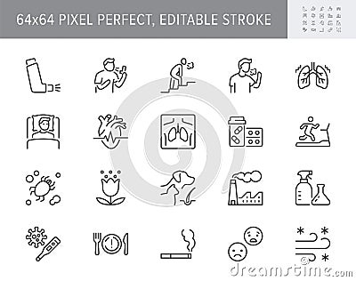 Asthma line icons. Vector illustration include icon - inhaler, cough, pollen, dust, lung, flu, xray, tachycardia, breath Vector Illustration