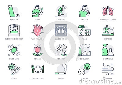 Asthma line icons. Vector illustration include icon - inhaler, cough, pollen, dust, lung, flu, xray, tachycardia, breath Vector Illustration