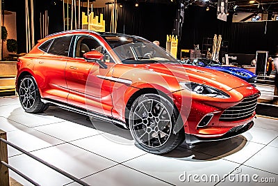 Aston Martin DBX at Brussels Motor Show, Dream Cars, British all-wheel drive luxury crossover SUV produced by Aston Martin Editorial Stock Photo