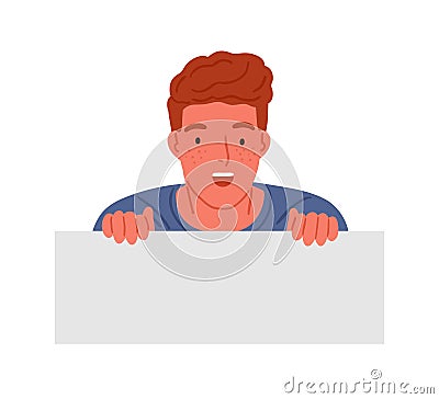 Astonished red haired teen boy peeping with shocked facial expression vector flat illustration. Surprised male teenager Vector Illustration
