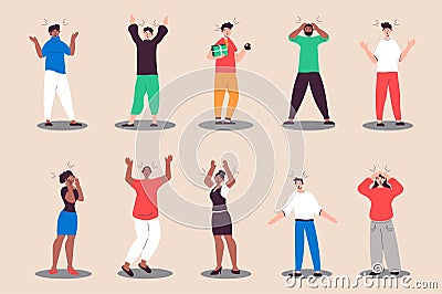Astonished and surprised people set in flat design. Women and men express amazed, unexpected and wonder feeling. Bundle of diverse Vector Illustration
