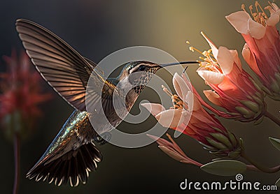 A hummingbird flying and visiting the red flower to drink and feed, generative AI Stock Photo