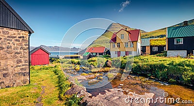 Astonishing morning view of Gjogv village. Stock Photo