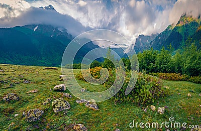 Astonishing summer view of alpine meadows. Stunning morning scene of Upper Svaneti, Georgia Stock Photo