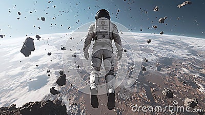 Astonishing view of an astronaut floating among asteroids in outer space capturing the mystique of cosmic exploration Stock Photo