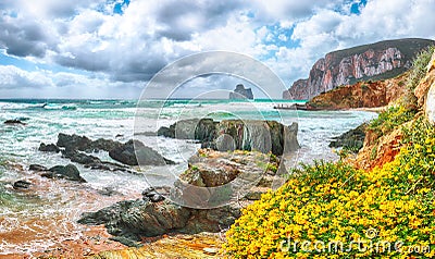 Astonishing view of beach Portu Cauli in Masua with Pan di Zucchero at background Stock Photo