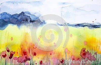 Astract watercolor illustration of a beautiful poppy field with a forest in the background Cartoon Illustration
