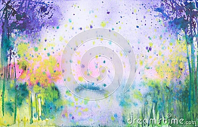 Astract watercolor illustration of a beautiful summer forest landscape Cartoon Illustration