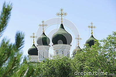 Astrakhan, Russia. 07.07.20. View of the church domes with crosses Stock Photo