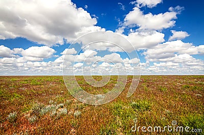 Astrakhan steppe under beautiful sky. Panorama of nature near salt lake Baskunchak Stock Photo