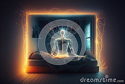 Astral body levitate over bed in the bedroom. Soul flies out of the sleeping person. Travel to another world after life Stock Photo