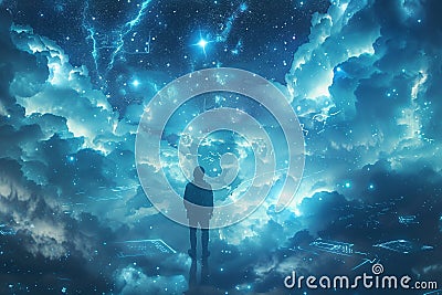 Astral cloud platforms where avatars interact with data constructs in a virtual reality cosmos Stock Photo