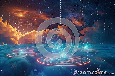 Astral cloud platforms where avatars interact with data constructs in a virtual reality cosmos Stock Photo