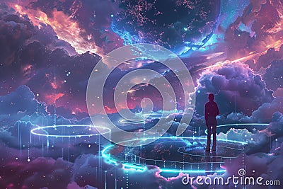 Astral cloud platforms where avatars interact with data constructs in a virtual reality cosmos Stock Photo