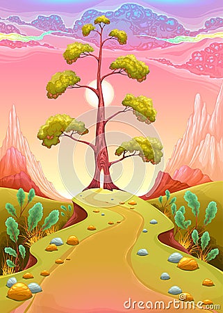 Astral landscape in the sunset. Vector Illustration