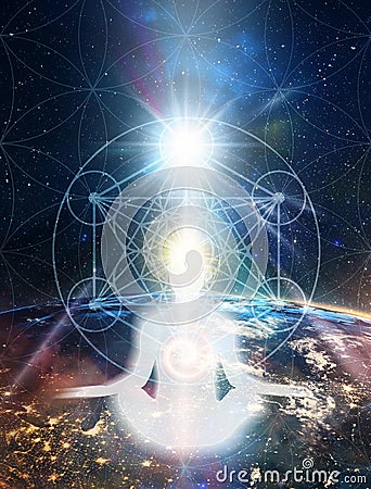 Man universe, meditation, spiritual healing, human body energy, astral projection, travel Stock Photo