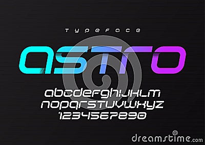 Astro futuristic minimalist display font design, alphabet, typeface, letters and numbers, typography. Vector Illustration