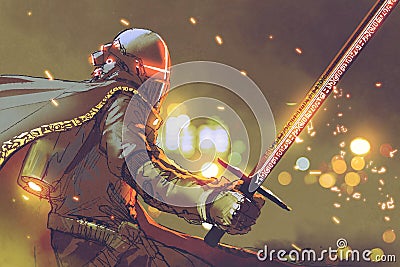 Astro-knight in futuristic armor holding magic sword Cartoon Illustration