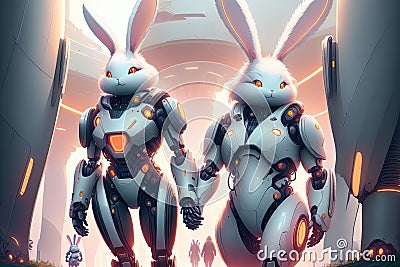 Astrobunny in carrotsland a white rabbit robot bunny in a land of carrots, robot astronaut animal in space suit AI Generated image Stock Photo