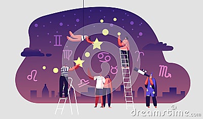 Astrologer Watching at Night Starry Sky through Telescope. Astronomy Science Hobby, People Look at Stars Vector Illustration