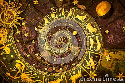 Astrological background. Vintage illustration art, grunge design. Concept of destiny, fortune, esoteric, magic, mysterious Cartoon Illustration