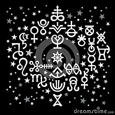 Astrological bouquet (astrological signs and occult mystical symbols), celestial pattern with stars. Vector Illustration