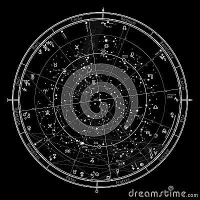 Astrological Celestial map of Northern Hemisphere: Horoscope on January 1, 2019. Vector Illustration