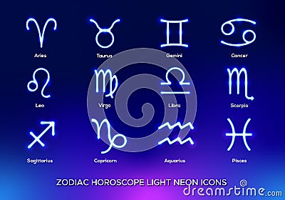 Neon Astrological Horoscope zodiac vector sign symbol set on blue background Cartoon Illustration