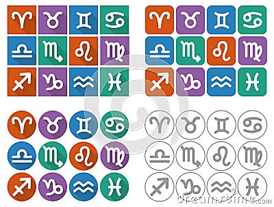 Astrological signs of the zodiac. Flat UI square icons with long shadow. Vector Illustration