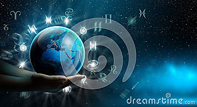 Astrological Zodiac horoscope wheel with planet Earth. The power of the universe Stock Photo