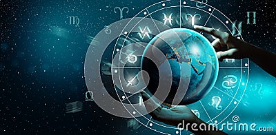 Astrological Zodiac horoscope wheel with planet Earth. The power of the universe Stock Photo