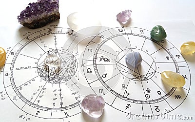 Astrology chart Quartz Natural stone Crystal Natal chart Stock Photo