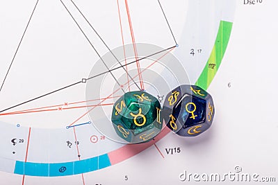 Astrology Dice with zodiac symbol of Taurus Apr 20 - May 20 and its ruling planet Venus Stock Photo