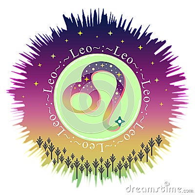 Leo moon sign. Zodiac sign label. Astrology vector. Aurora gradient burst. Stars pattern. Horoscope symbol. Vedic sign title. Vector Illustration