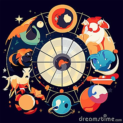 Astrology horoscope circle with zodiac signs. Cartoon horoscope illustration. Generative AI Vector Illustration