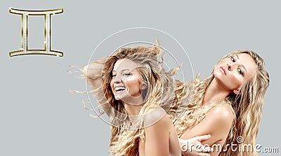 Astrology and horoscope. Gemini Zodiac Sign, two beautiful women with curly long hair Stock Photo