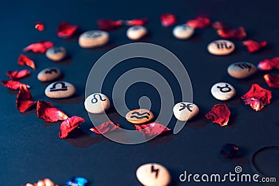 Astrology and horoscope. Stones with the signs of the zodiac, laid out in a circle, decorated with rose petals. The Stock Photo