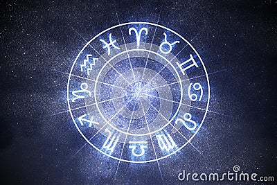 Astrology and horoscopes concept. Astrological zodiac signs in circle. Stock Photo