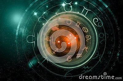 Astrology signs on dark space background Stock Photo