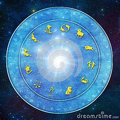 Zodiac signs on horoscope with esoteric, occult, mystic symbols like astrology and esoteric concept Stock Photo