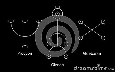 Astrology Stars, PROCYON or Canis Minor, GIENAH or Corvus, ALDEBARAN or Oculus Tauri. Set Hieroglyphic sign, hermetic kabbalistic Vector Illustration