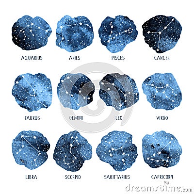 Astrology watercolor set of zodiac sings and stars on white background. Horoscope icons collection Vector Illustration