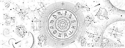 Astrology wheel with zodiac signs on constellation map background. Realistic illustration of zodiac signs. Horoscope Vector Illustration