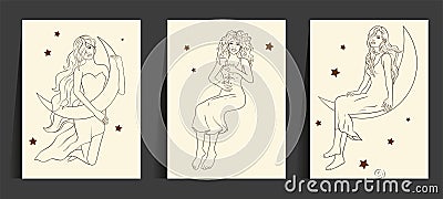 Astrology woman celestial card set. Vector Illustration