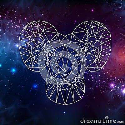 Astrology zodiac sign Aries on dark open space background. Abstract Polygonal head of ram or mouflon Vector Illustration