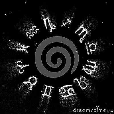 Astrology Zodiac signs wheel with twelve symbols in retro dotwork style. Full astrologic year, for New Years prognosis Vector Illustration