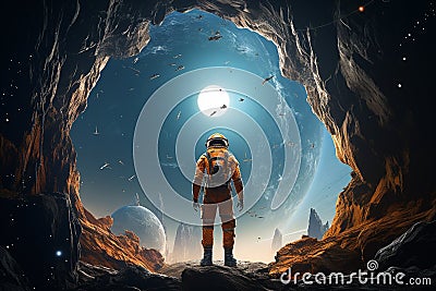 Astronaut in an alien cave. Mixed media. Mixed media Stock Photo