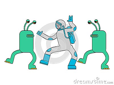 Astronaut and alien dance. Spaceman and Space Invader dancer. Space disco Vector Illustration