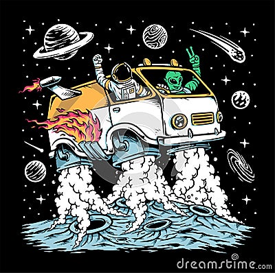 Astronaut and alien drive space car illustration Vector Illustration