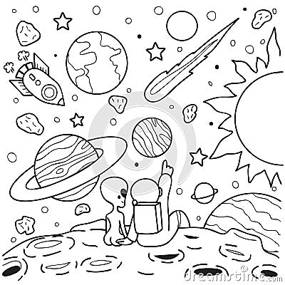 Astronaut and alien girlfriend sitting on mars watching shooting star together, design for design element and coloring book page.V Vector Illustration